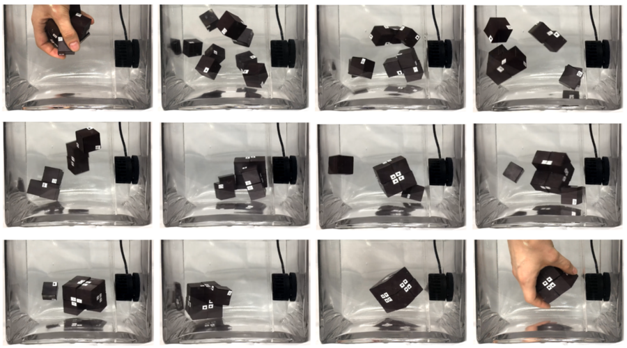 Grid of 12 photos of black cubes floating in a tank of water, combining and recombining according to their magnetic attraction.