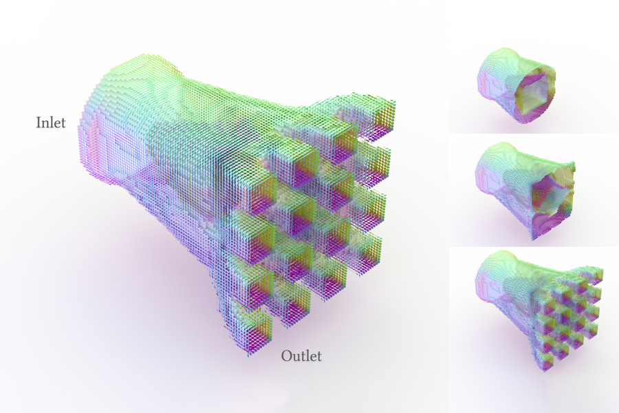 A pipe-like object is made of tiny blocks in lime and pink. Left side says “inlet,” and right side says “outlet.” Outlet-side has 16 small square openings. 3 inset images show iterations of design.